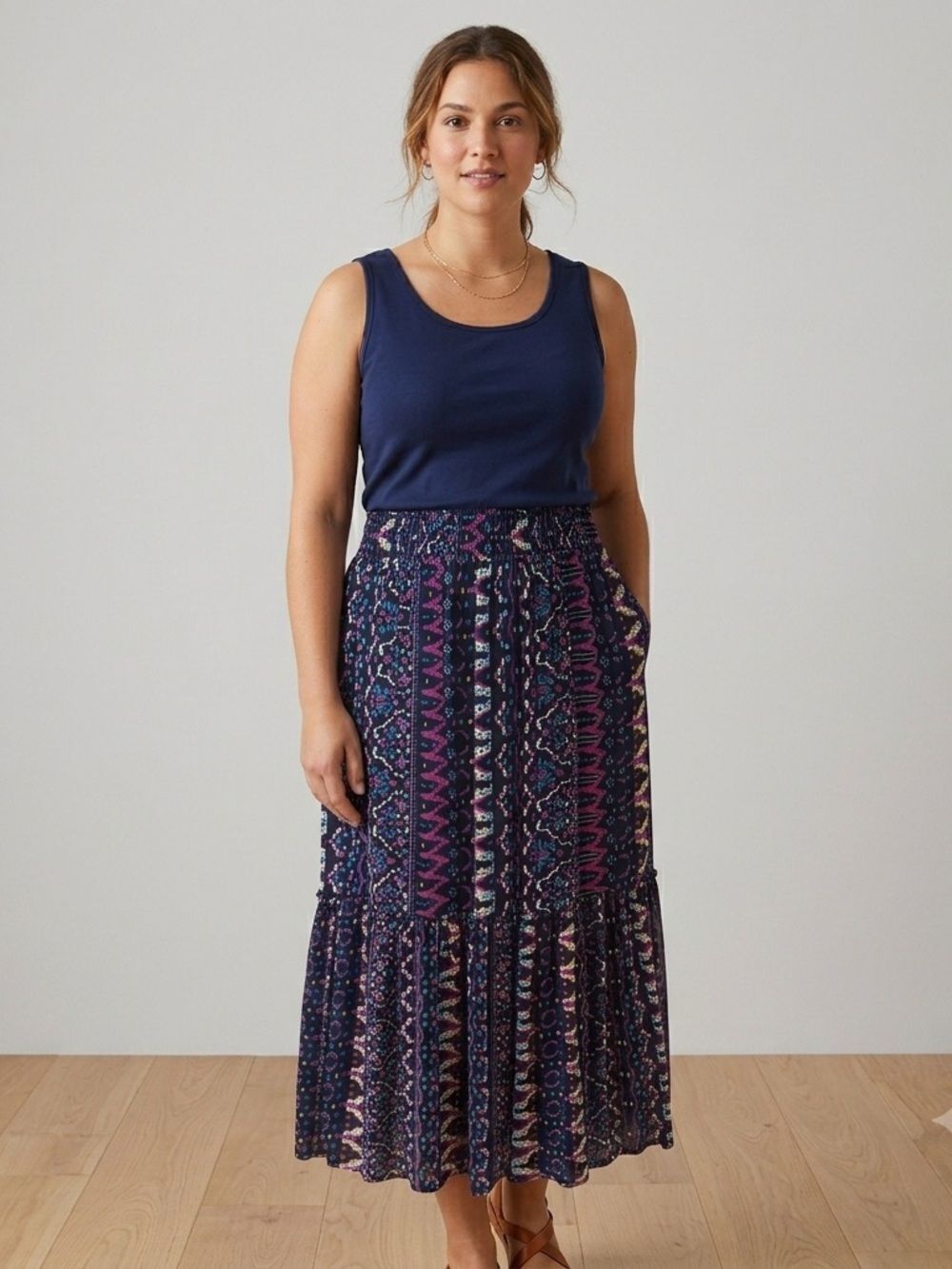 Knox Rose tribal geometric print tiered maxi pull on skirt size Small.